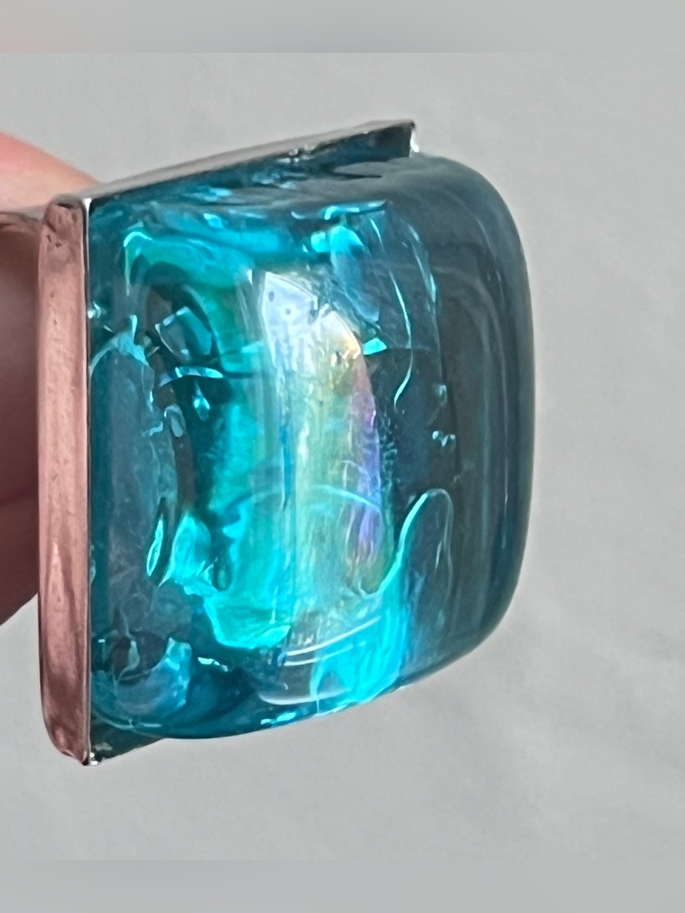 Vintage French Sterling Silver 925 Aqua Glass Statement Cocktail Ring Adjustable
